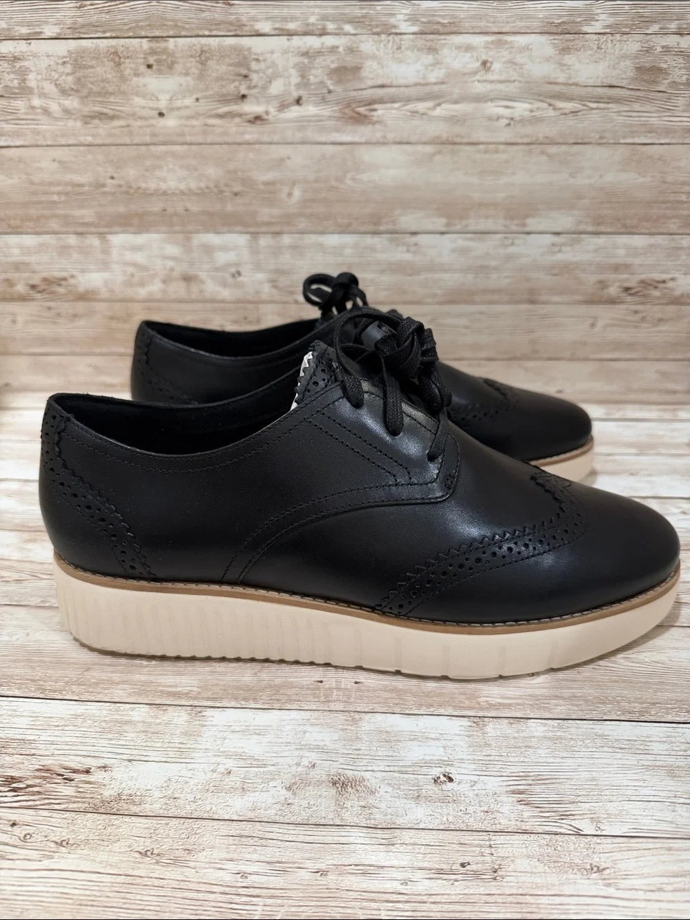 Cole‎ Haan Black Leather Platform Oxford with Cream Platform 11B NEW